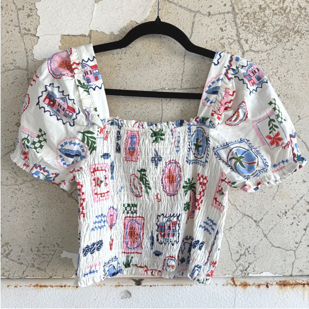 Crop Top NWT Smocked Blouse Puff Sleeve Linen Blend European Summer Womens M - Picture 1 of 9